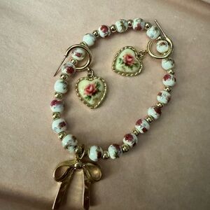 Gold and Cream Beaded Bracelet with Heart Charm Earrings